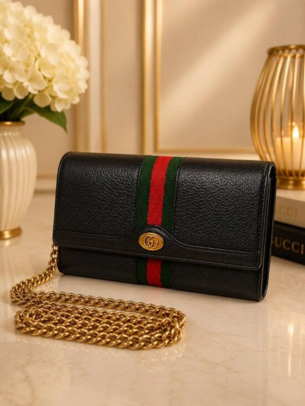 Authentic Gucci Ophidia Leather Web Stripe GG Flap Wallet Shoulder Bag